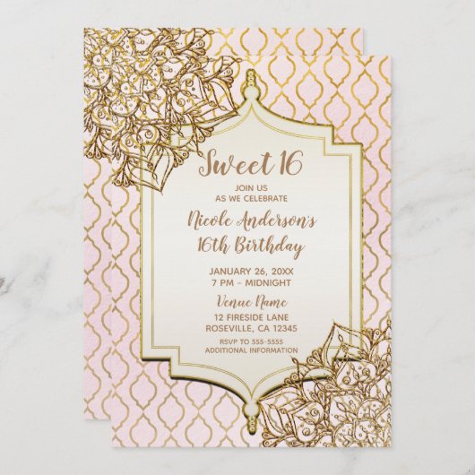 ピンク&金ゴールドモロッコアラビアンナイトスウィート16パーティー 招待状 (正面/裏面)