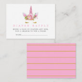 ピンク&金ゴールドユニコーンガールベビーシャワーおむつラッフル エンクロージャーカード (正面/裏面)