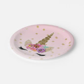 ピンク&金ゴールドユニコーンフローラホルンバースデーパーティー ペーパープレート (アングル)