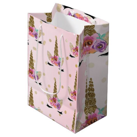 ピンク&金ゴールドユニコーンフローラホルンバースデーパーティー ミディアムペーパーバッグ (正面アングル)