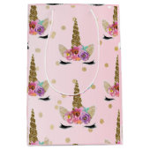 ピンク&金ゴールドユニコーンフローラホルンバースデーパーティー ミディアムペーパーバッグ (正面)