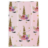 ピンク&金ゴールドユニコーンフローラホルンバースデーパーティー ミディアムペーパーバッグ (裏面)