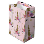 ピンク&金ゴールドユニコーンフローラホルンバースデーパーティー ミディアムペーパーバッグ (裏面アングル)