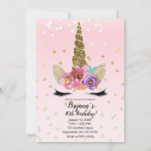 ピンク&金ゴールドユニコーンフローラホルンバースデーパーティー 招待状 (正面)