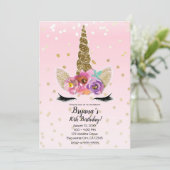 ピンク&金ゴールドユニコーンフローラホルンバースデーパーティー 招待状 (スタンド正面)