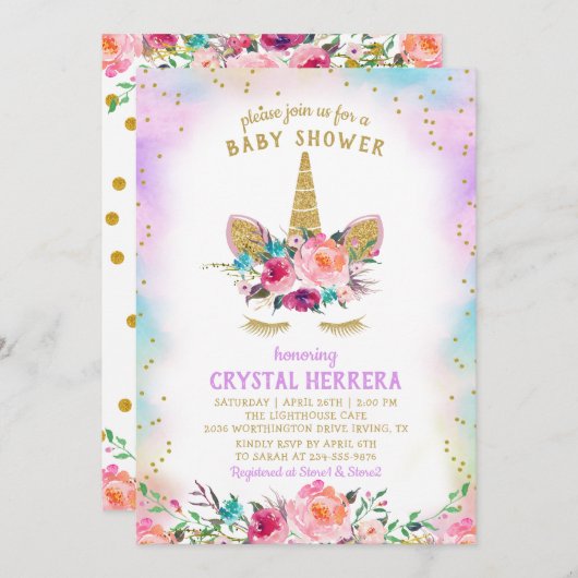 ピンク&金ゴールドユニコーン美しいフローラ赤ちゃんシャワー 招待状 (正面/裏面)