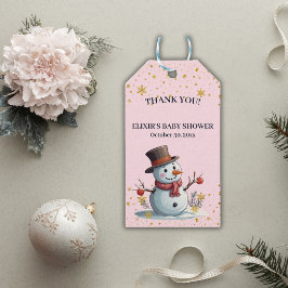 ピンク&金ゴールドリトルスノーフレーク雪だるまベビーシャワー ギフトタグ