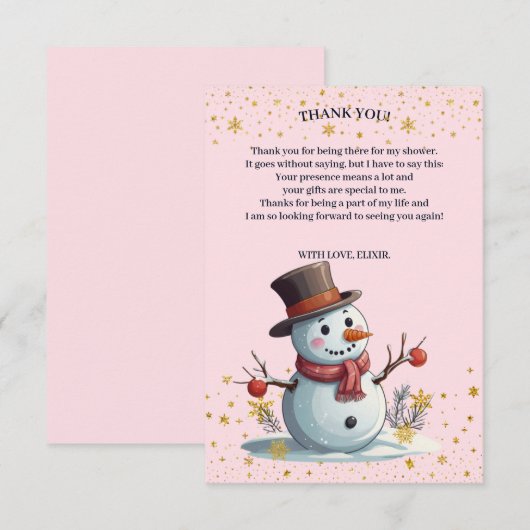 ピンク&金ゴールドリトルスノーフレーク雪だるまベビーシャワー サンキューカード (正面/裏面)
