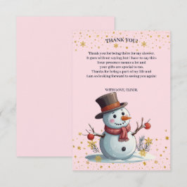 ピンク&金ゴールドリトルスノーフレーク雪だるまベビーシャワー サンキューカード