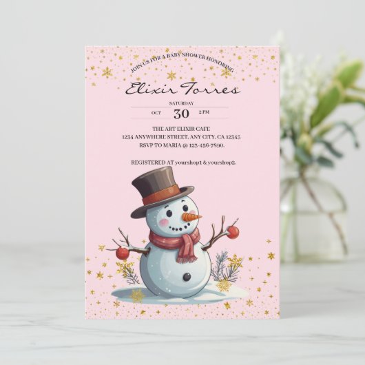 ピンク&金ゴールドリトルスノーフレーク雪だるまベビーシャワー 招待状 (スタンド正面)
