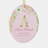 ピンク&金ゴールドレター「A」フローラモノグラム誕生統計 セラミックオーナメント (右)