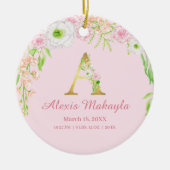 ピンク&金ゴールドレター「A」フローラモノグラム誕生統計 セラミックオーナメント (正面)