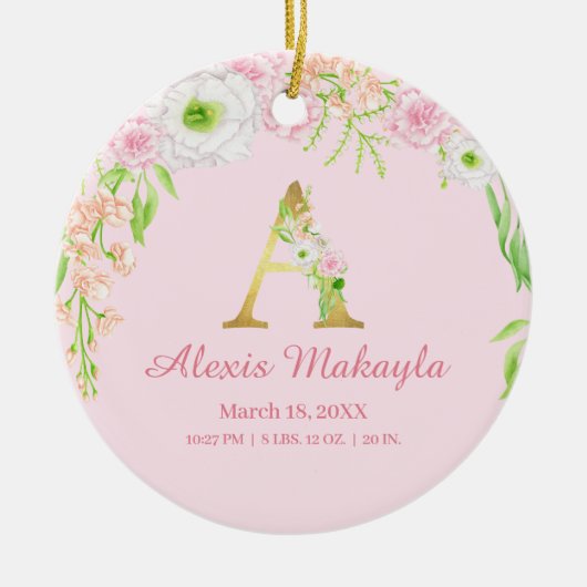 ピンク&金ゴールドレター「A」フローラモノグラム誕生統計 セラミックオーナメント (正面)
