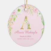 ピンク&金ゴールドレター「A」フローラモノグラム誕生統計 セラミックオーナメント (左)