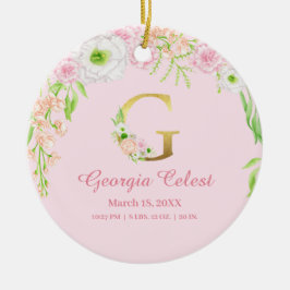 ピンク&金ゴールドレター「G」フローラモノグラム誕生統計 セラミックオーナメント