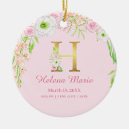 ピンク&金ゴールドレター「H」フローラモノグラム誕生統計 セラミックオーナメント
