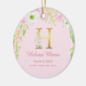 ピンク&金ゴールドレター「H」フローラモノグラム誕生統計 セラミックオーナメント (左)
