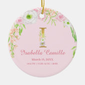 ピンク&金ゴールドレター「I」フローラモノグラム誕生統計 セラミックオーナメント (正面)