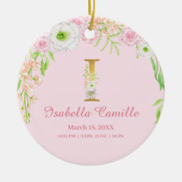 ピンク&金ゴールドレター「I」フローラモノグラム誕生統計 セラミックオーナメント