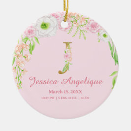 ピンク&金ゴールドレター「J」フローラモノグラム誕生統計 セラミックオーナメント