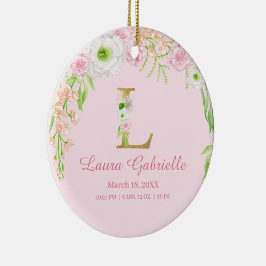 ピンク&金ゴールドレター「L」フローラモノグラム誕生統計 セラミックオーナメント (右)