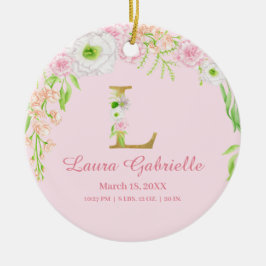 ピンク&金ゴールドレター「L」フローラモノグラム誕生統計 セラミックオーナメント