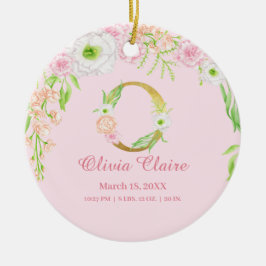 ピンク&金ゴールドレター「O」フローラモノグラム誕生統計 セラミックオーナメント