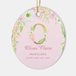 ピンク&金ゴールドレター「O」フローラモノグラム誕生統計 セラミックオーナメント