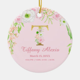 ピンク&金ゴールドレター「T」フローラモノグラム誕生統計 セラミックオーナメント