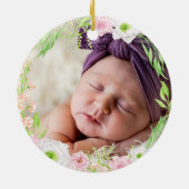 ピンク&金ゴールドレター「T」フローラモノグラム誕生統計 セラミックオーナメント (裏面)