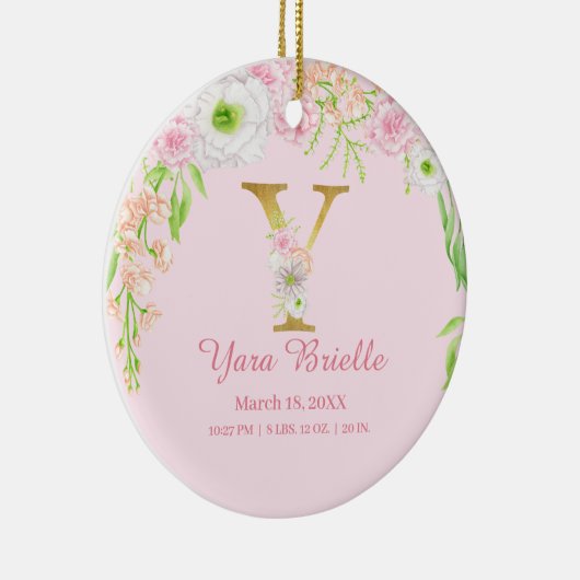 ピンク&金ゴールドレター「Y」フローラモノグラム誕生統計 セラミックオーナメント (右)