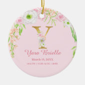 ピンク&金ゴールドレター「Y」フローラモノグラム誕生統計 セラミックオーナメント (正面)