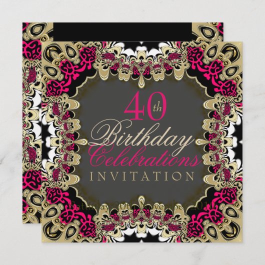 ピンク&金ゴールドレース誕生祝い招待状 招待状 (正面/裏面)