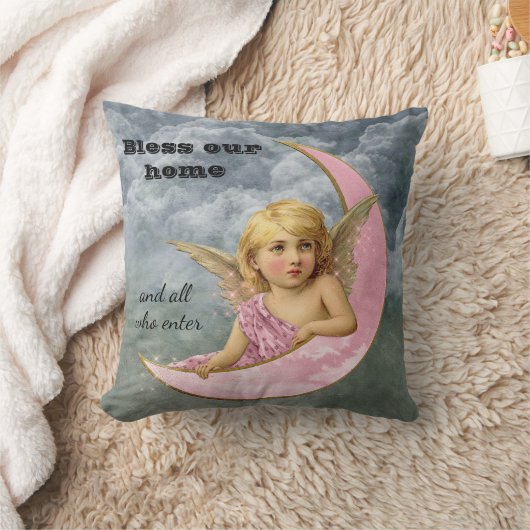 ピンク&金ゴールドヴィンテージエンジェル賛美アわが家の枕 クッション (ブランケット)