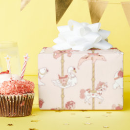 ピンク&金ゴールドヴィンテージ回転木馬動物ギフト ラッピングペーパー