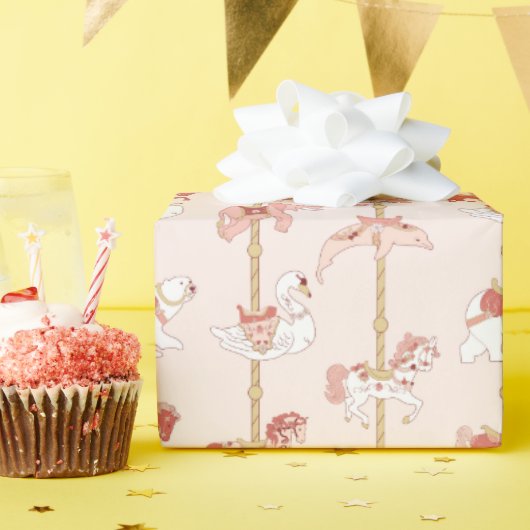 ピンク&金ゴールドヴィンテージ回転木馬動物ギフト ラッピングペーパー (誕生日パーティー)