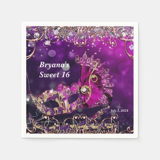 ピンク&金ゴールド仮装マスク誕生日パーティー スタンダードカクテルナプキン (正面)