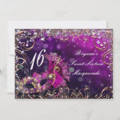 ピンク&金ゴールド仮装仮装マスク誕生日パーティー 招待状 (正面)