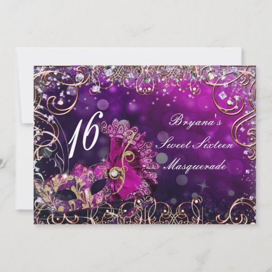 ピンク&金ゴールド仮装仮装マスク誕生日パーティー 招待状 (正面)