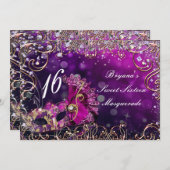 ピンク&金ゴールド仮装仮装マスク誕生日パーティー 招待状 (正面/裏面)