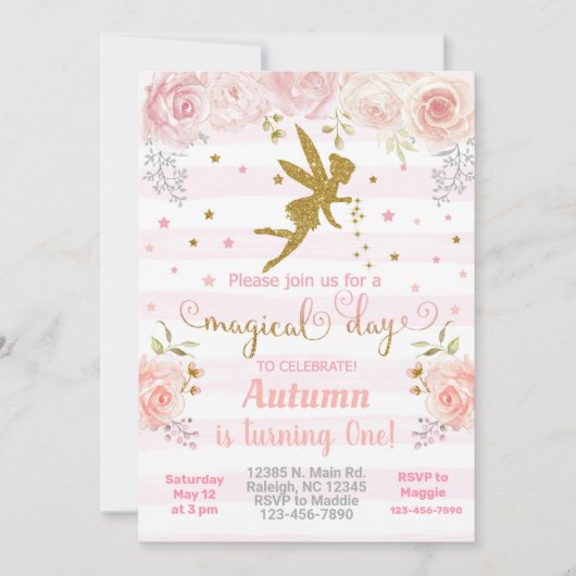 ピンク&金ゴールド妖精の女の子の誕生日の招待。 招待状 (正面)