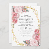 ピンク&金ゴールド幾何エレガントボホフローラ結婚ズ 招待状 (正面/裏面)