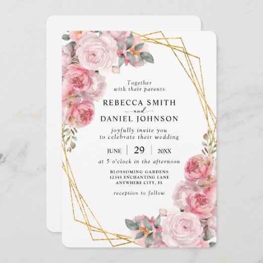 ピンク&金ゴールド幾何エレガントボホフローラ結婚ズ 招待状 (正面/裏面)