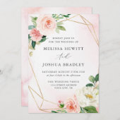 ピンク&金ゴールド幾何学的フローラ結婚式招待状 招待状 (正面/裏面)