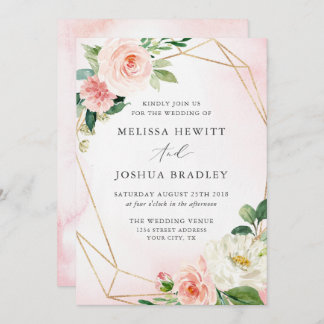 ピンク&金ゴールド幾何学的フローラ結婚式招待状 招待状