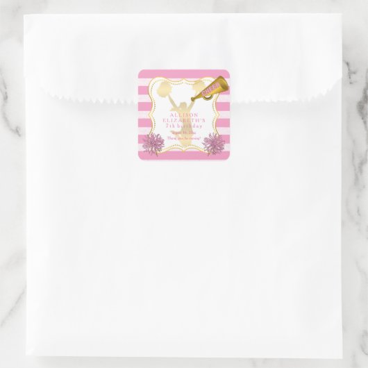 ピンク |金ゴールド応援チアリーダー女の子の誕生日パーティー スクエアシール (バッグ)