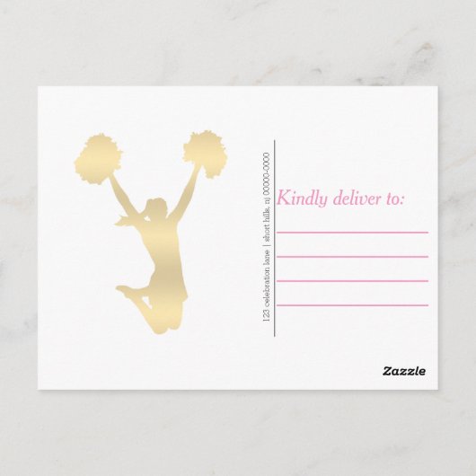 ピンク |金ゴールド応援チアリーダー女の子の誕生日パーティー ポストカード (裏面)