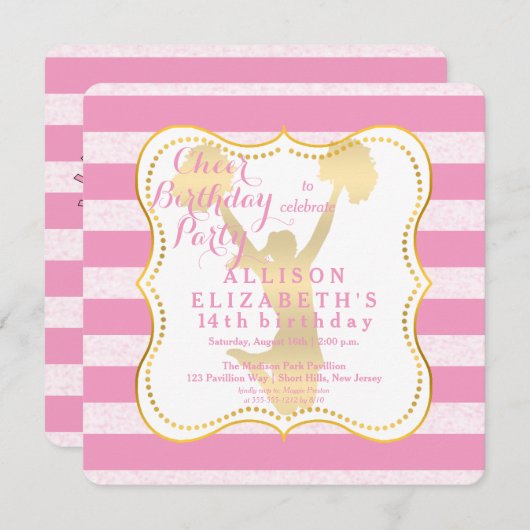 ピンク |金ゴールド応援チアリー10代のダー誕生日パーティー 招待状 (正面/裏面)