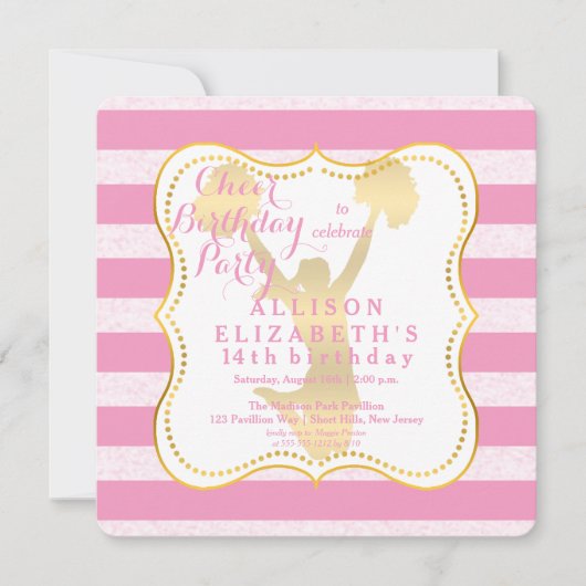 ピンク |金ゴールド応援チアリー10代のダー誕生日パーティー 招待状 (正面)