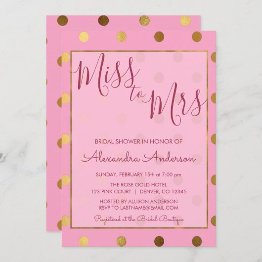 ピンク&金ゴールド恋しく思水玉模様からミセス・ブライダルシャワー 招待状 (正面/裏面)